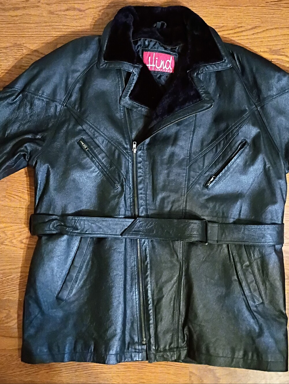 Hind Black Leather Belted Trench Coat